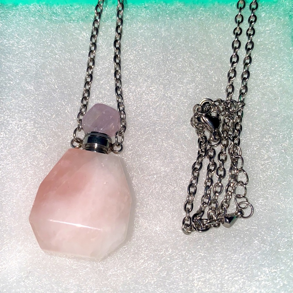 COPY - Natural Rose Quartz Perfume Bottle Sterling Silver Necklace 16” - Picture 3 of 8